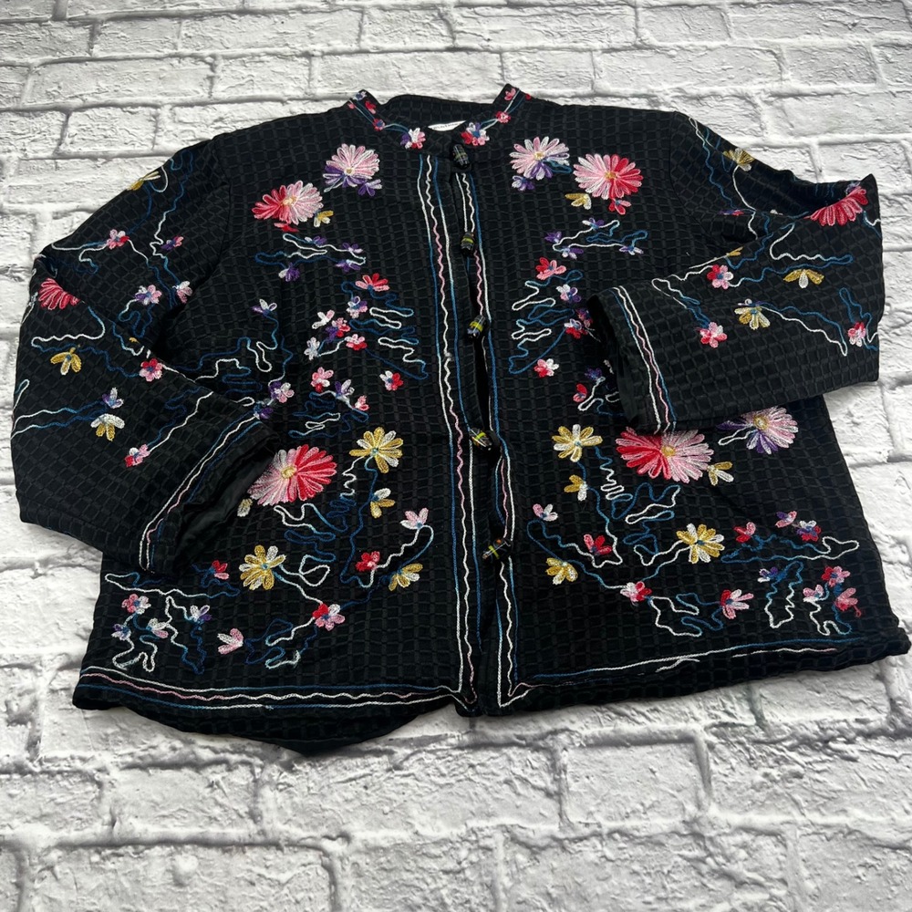 Drapers & Damons Womens 1X Black Multi Floral Embroidered Blazer Jacket - Picture 2 of 8